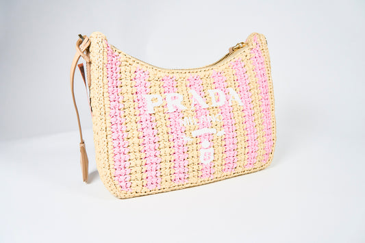 Prada Re-edition 2005 Raffia Stripe Shoulder Bag In Beige