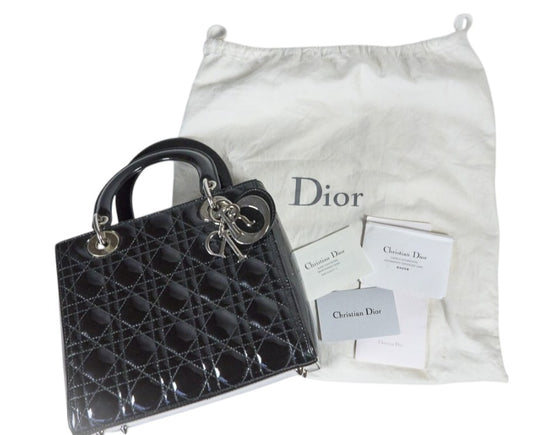 Christian Dior Medium Lady Dior Bag Black Patent Cannage Calfskin Bag