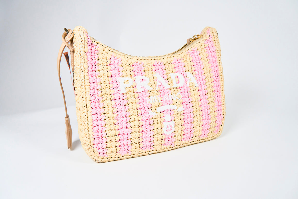 Prada Re-edition 2005 Raffia Stripe Shoulder Bag In Beige